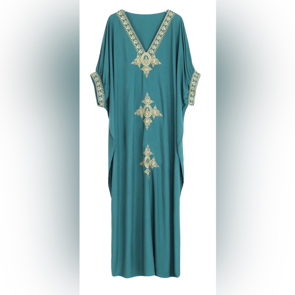 Green & Gold Kaftan Embroidered Dress, V-Neck, Batwing Sleeves, Women’s One Size